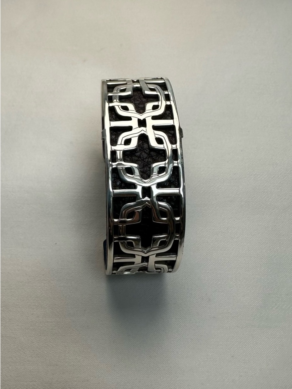 Brighton Silver-Tone Openwork Cuff with Navy/Brown Leather Insert - Picture 2 of 7